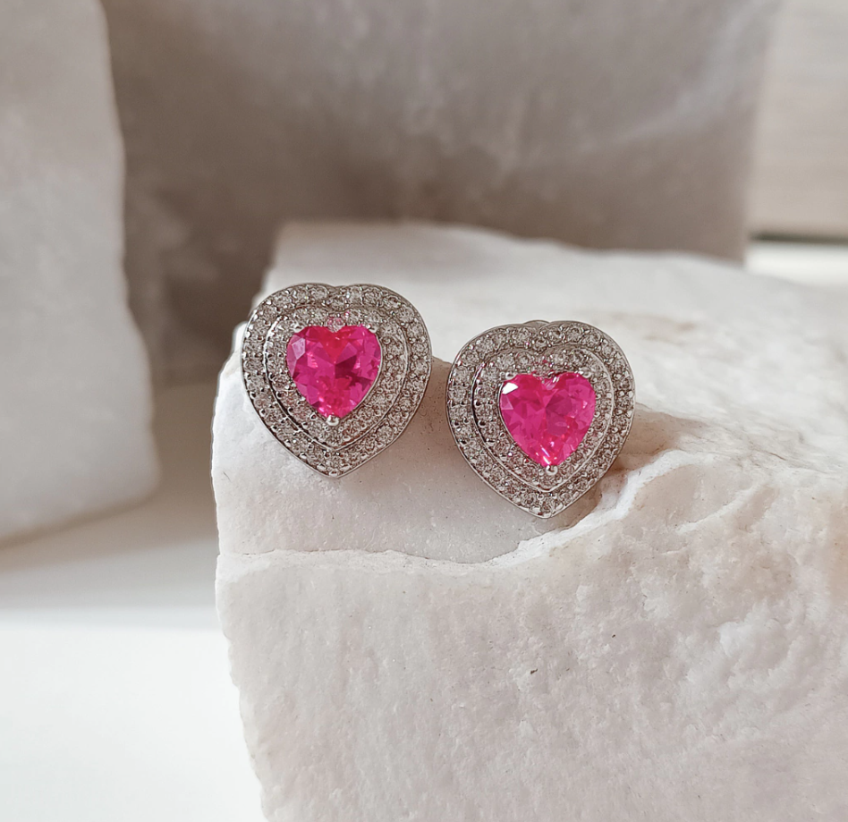 Brinco Coração Pink Turmalina - Cravejado com Zircônias