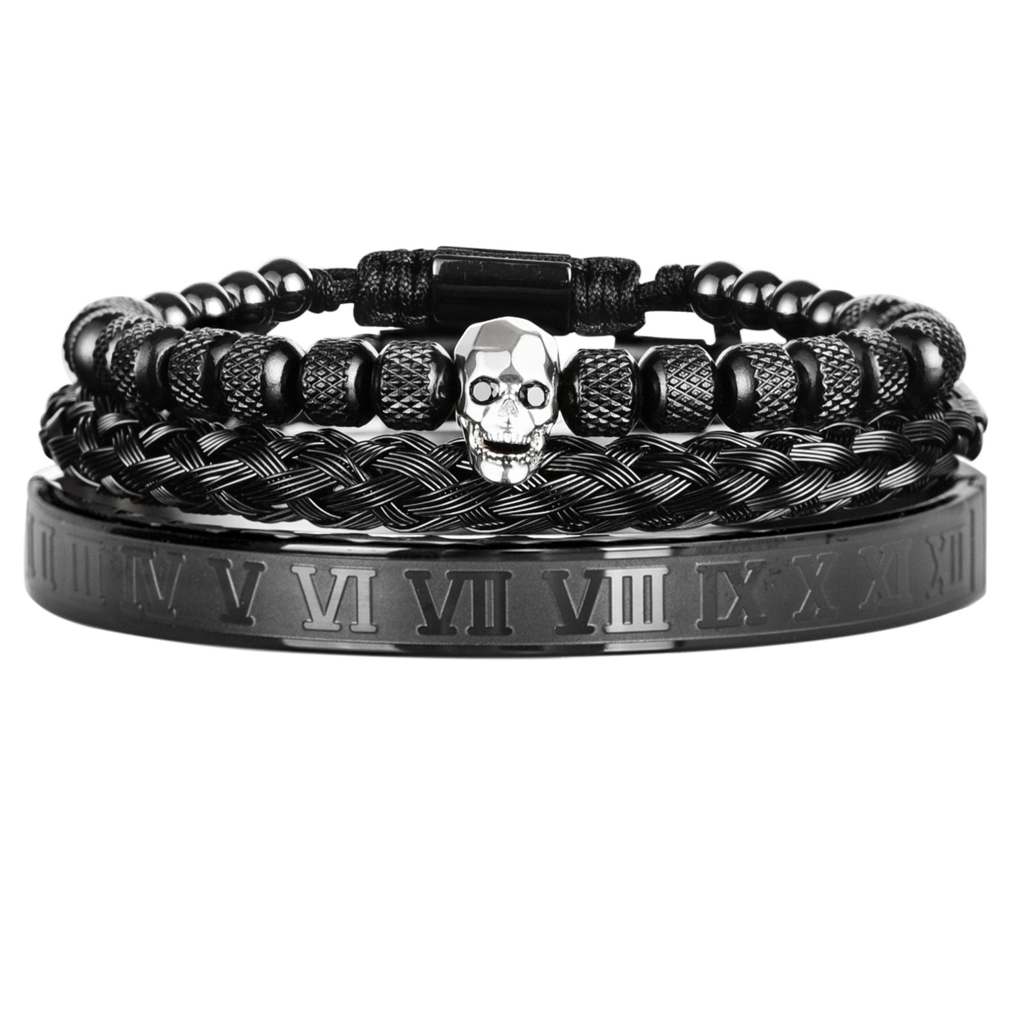 Bracelete Platinum Skull 3 peças - Aço inoxidável