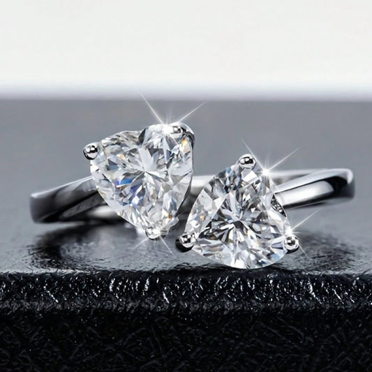 Anel Coração Duplo Moissanite - 100% Prata 925