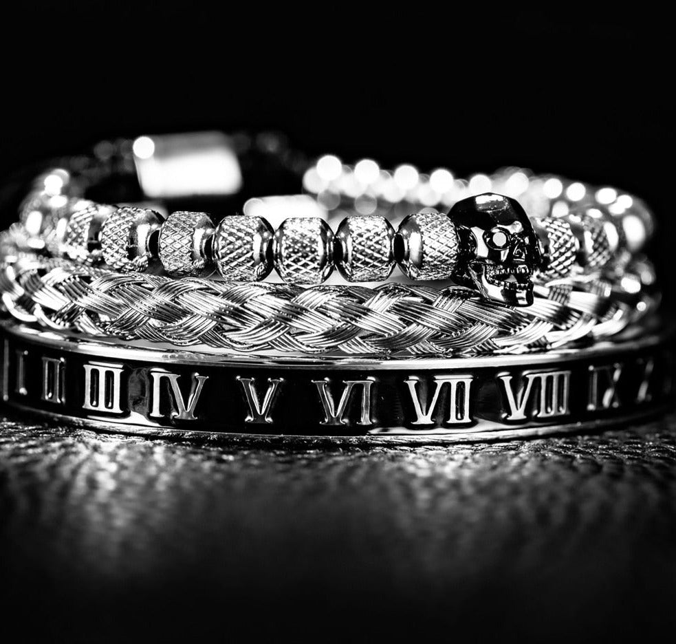 Bracelete Platinum Skull 3 peças - Aço inoxidável