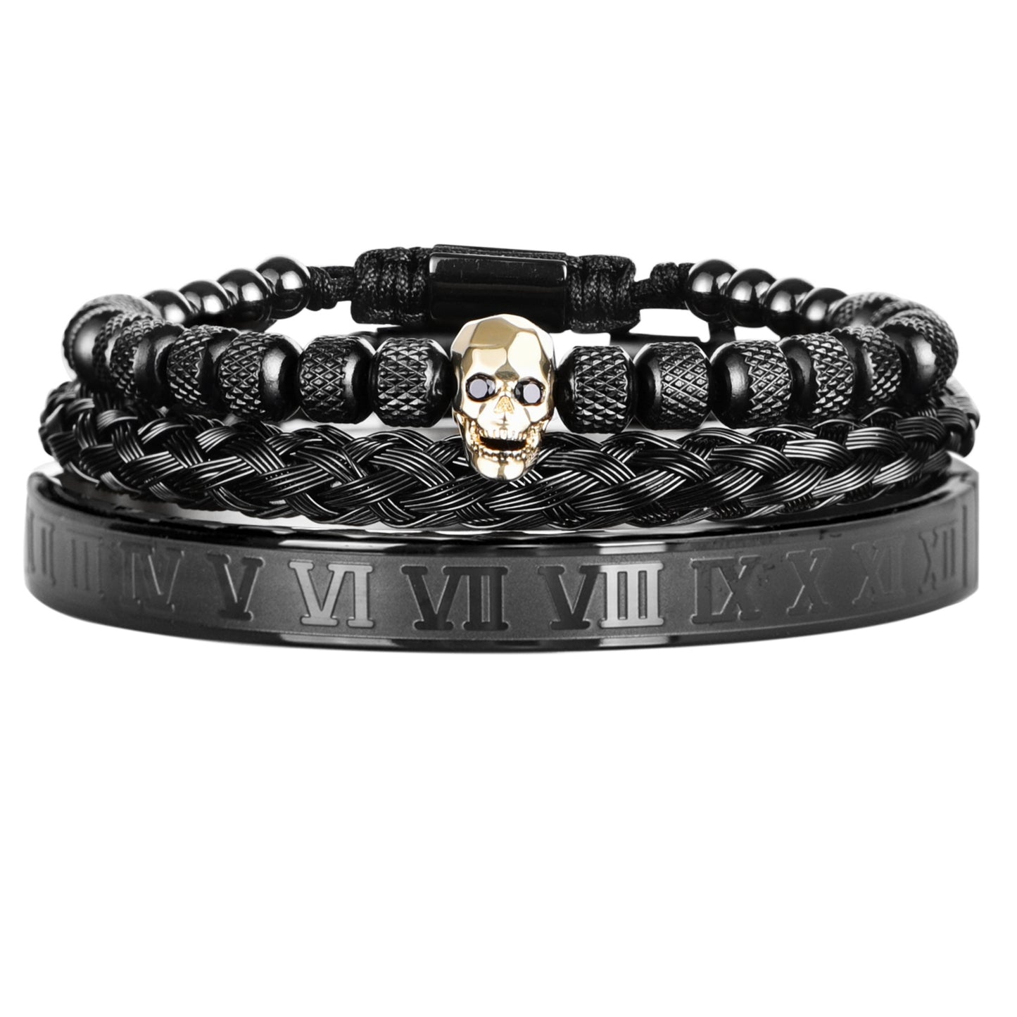 Bracelete Platinum Skull 3 peças - Aço inoxidável