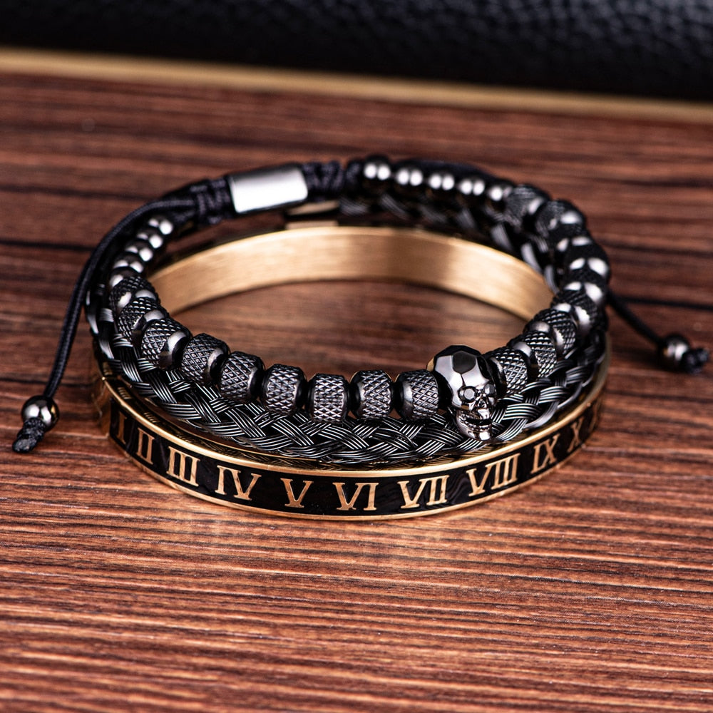 Bracelete Platinum Skull 3 peças - Aço inoxidável