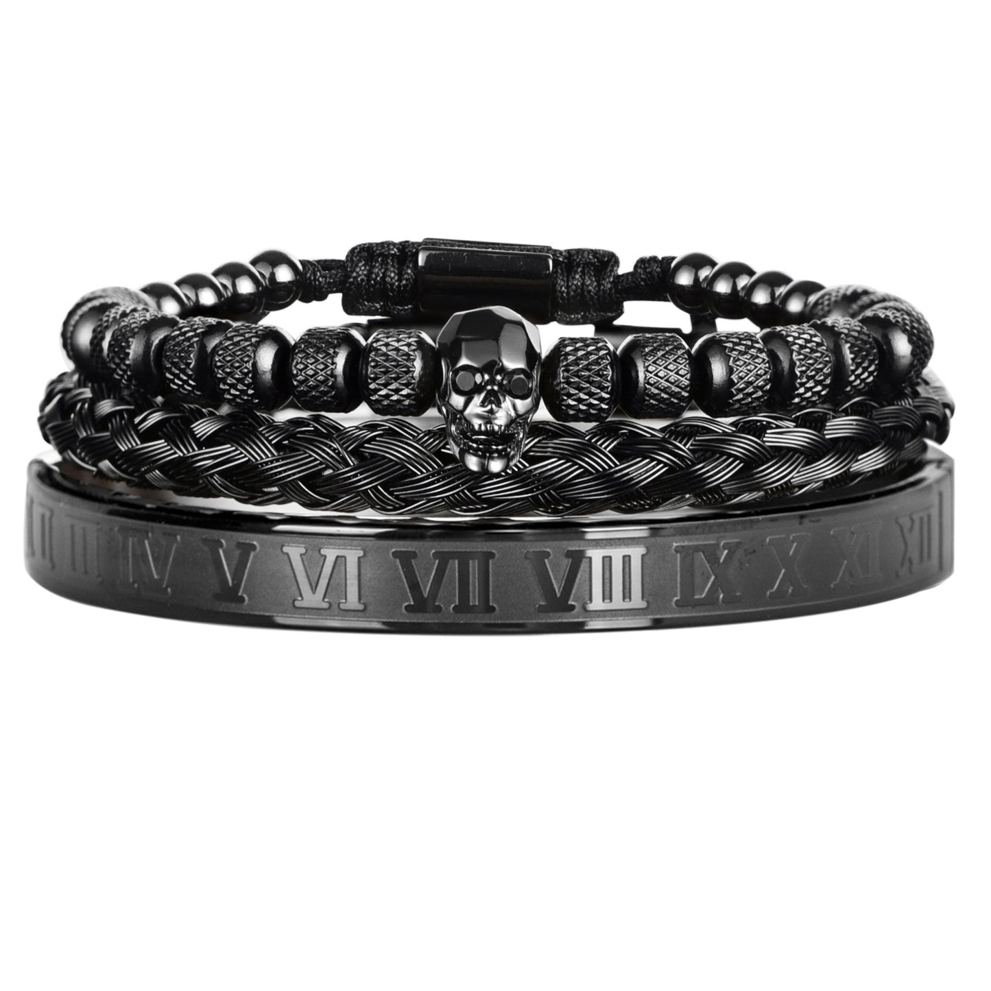 Bracelete Platinum Skull 3 peças - Aço inoxidável