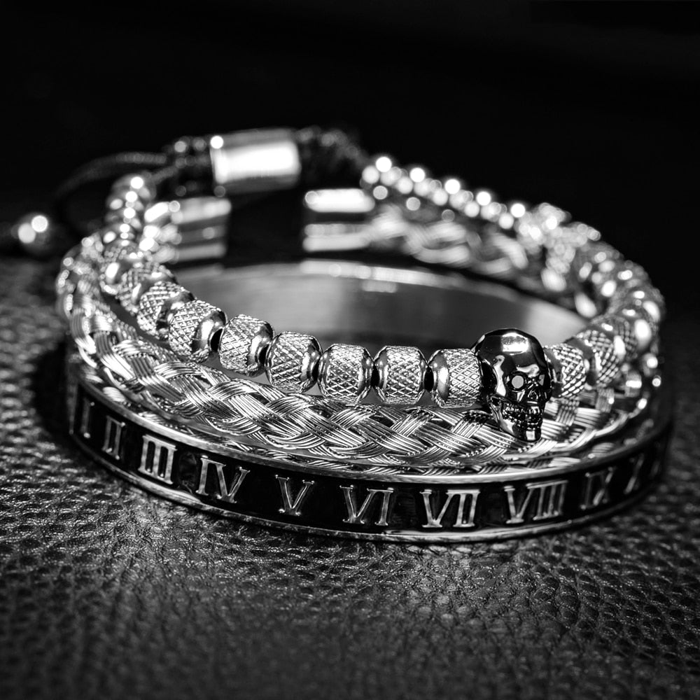 Bracelete Platinum Skull 3 peças - Aço inoxidável