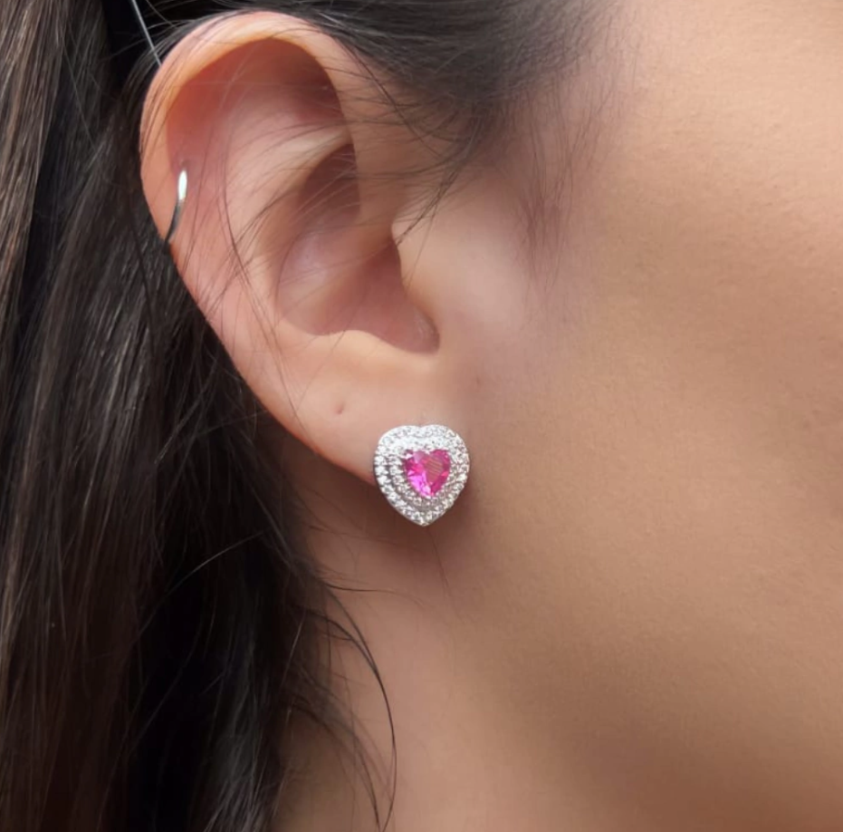 Brinco Coração Pink Turmalina - Cravejado com Zircônias