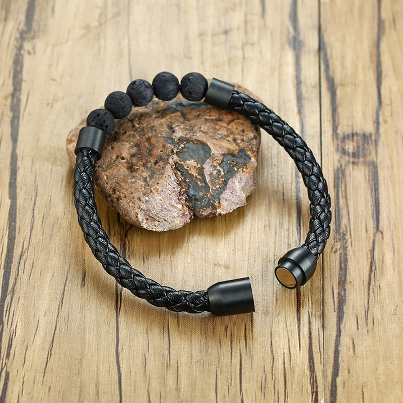 Bracelete Black Rocks - Couro e Pedras Vulcânicas