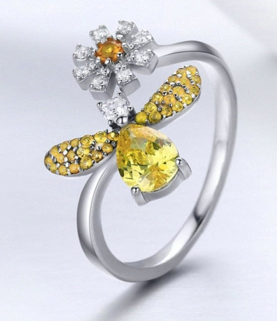 Anel Abelha Gold Sunshine - 100% Prata Real