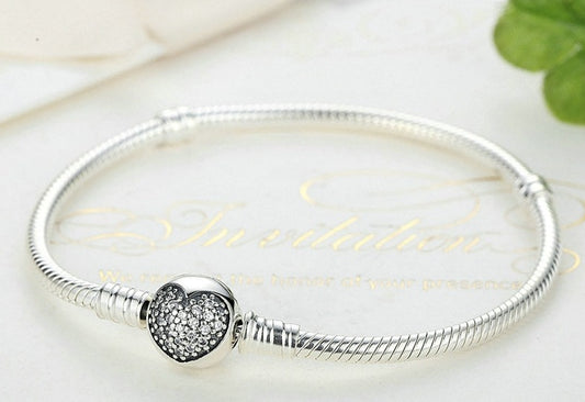 Bracelete Coração de Prata - 100% Prata 925 Cravejada com Zircônias