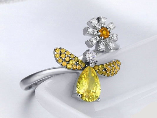 Anel Abelha Gold Sunshine - 100% Prata Real