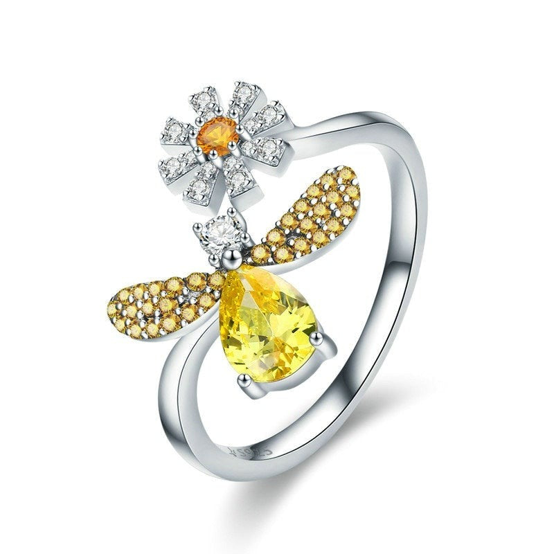 Anel Abelha Gold Sunshine - 100% Prata Real