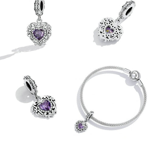 Charm Pendente Purple Heart - 100% Prata 925 com Zircônias