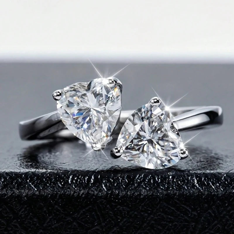 Anel Coração Duplo Moissanite - 100% Prata 925