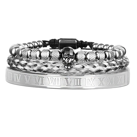 Bracelete Platinum Skull 3 peças - Aço inoxidável