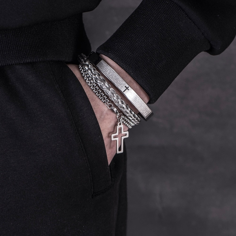 Conjunto de Pulseiras Faith - 3 Peças em Aço Inoxidável