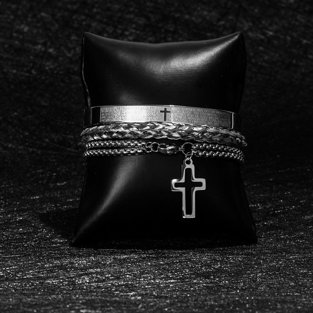 Conjunto de Pulseiras Faith - 3 Peças em Aço Inoxidável