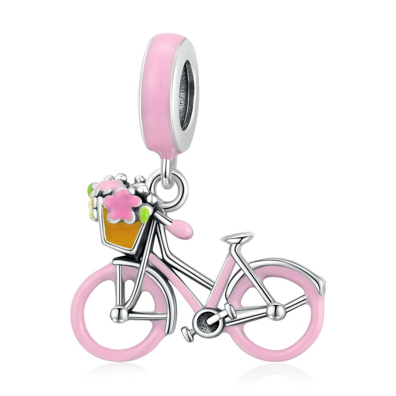 Charm Pendente Bicicleta Rosa - 100% Prata 925 Esmaltada