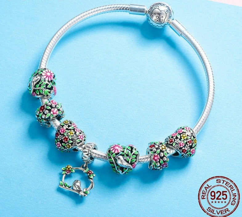 Charm Beija-Flor no Jardim - 100% Prata 925 Esmaltada