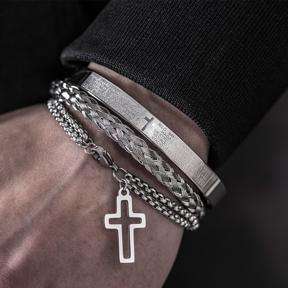 Conjunto de Pulseiras Faith - 3 Peças em Aço Inoxidável